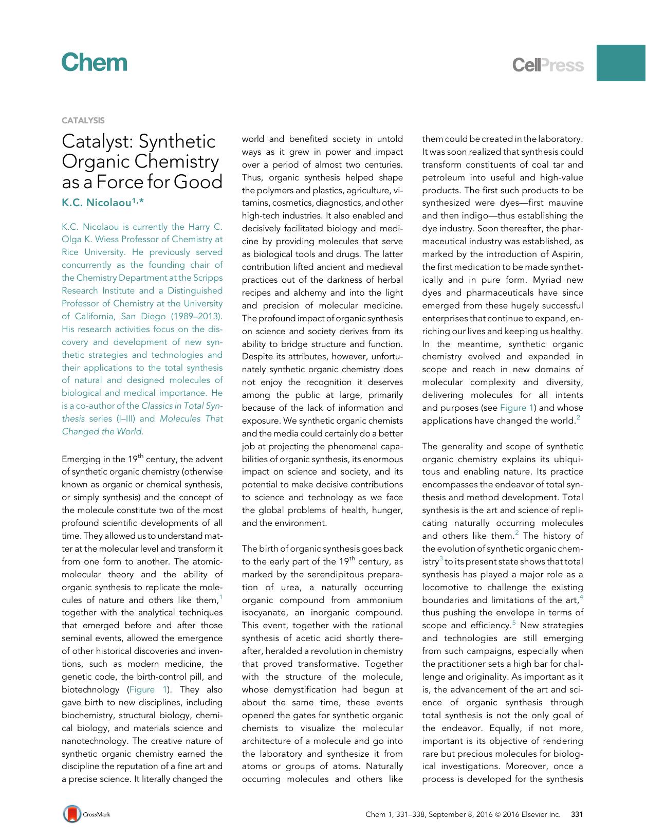 Catalyst: Synthetic Organic Chemistry as a Force for Good by K.C. Nicolaou