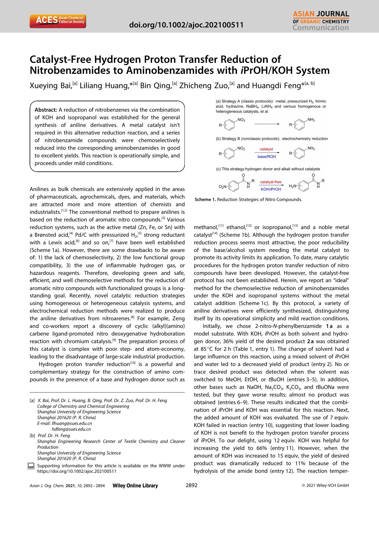 CatalystâFree Hydrogen Proton Transfer Reduction of Nitrobenzamides to Aminobenzamides with iPrOHKOH System by Unknown