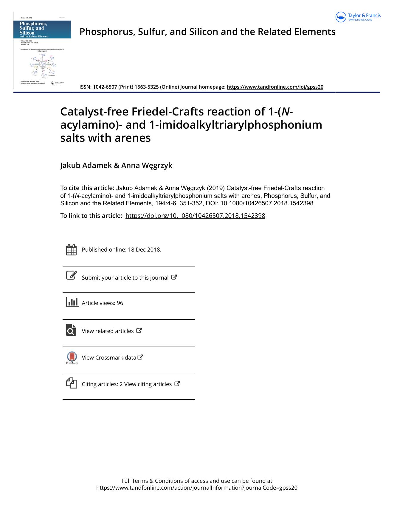 Catalyst-free Friedel-Crafts reaction of 1-(N-acylamino)- and 1-imidoalkyltriarylphosphonium salts with arenes by Adamek Jakub & Węgrzyk Anna