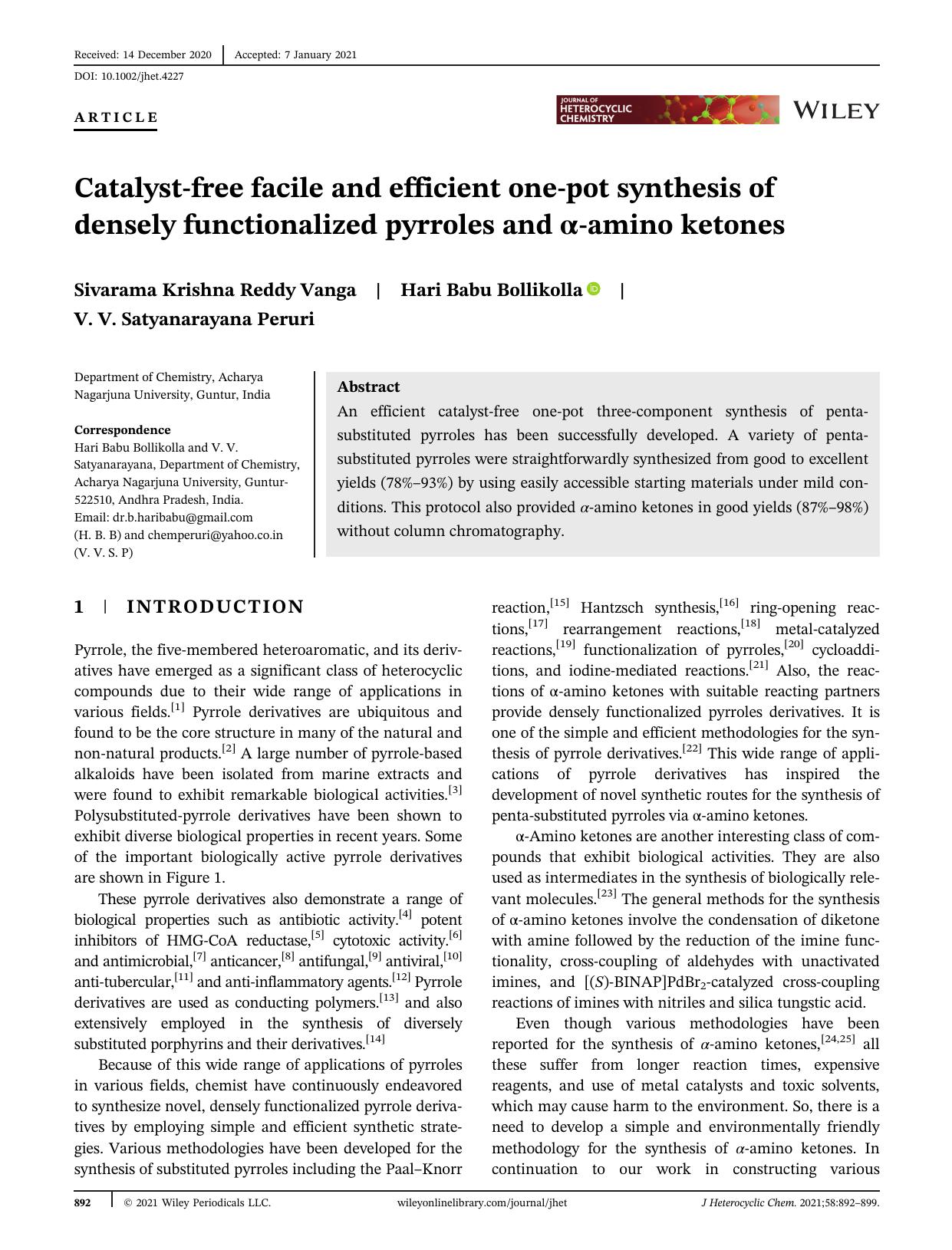 Catalyst-free facile and efficient one-pot synthesis of densely functionalized pyrroles and ï¡-amino ketones by Unknown