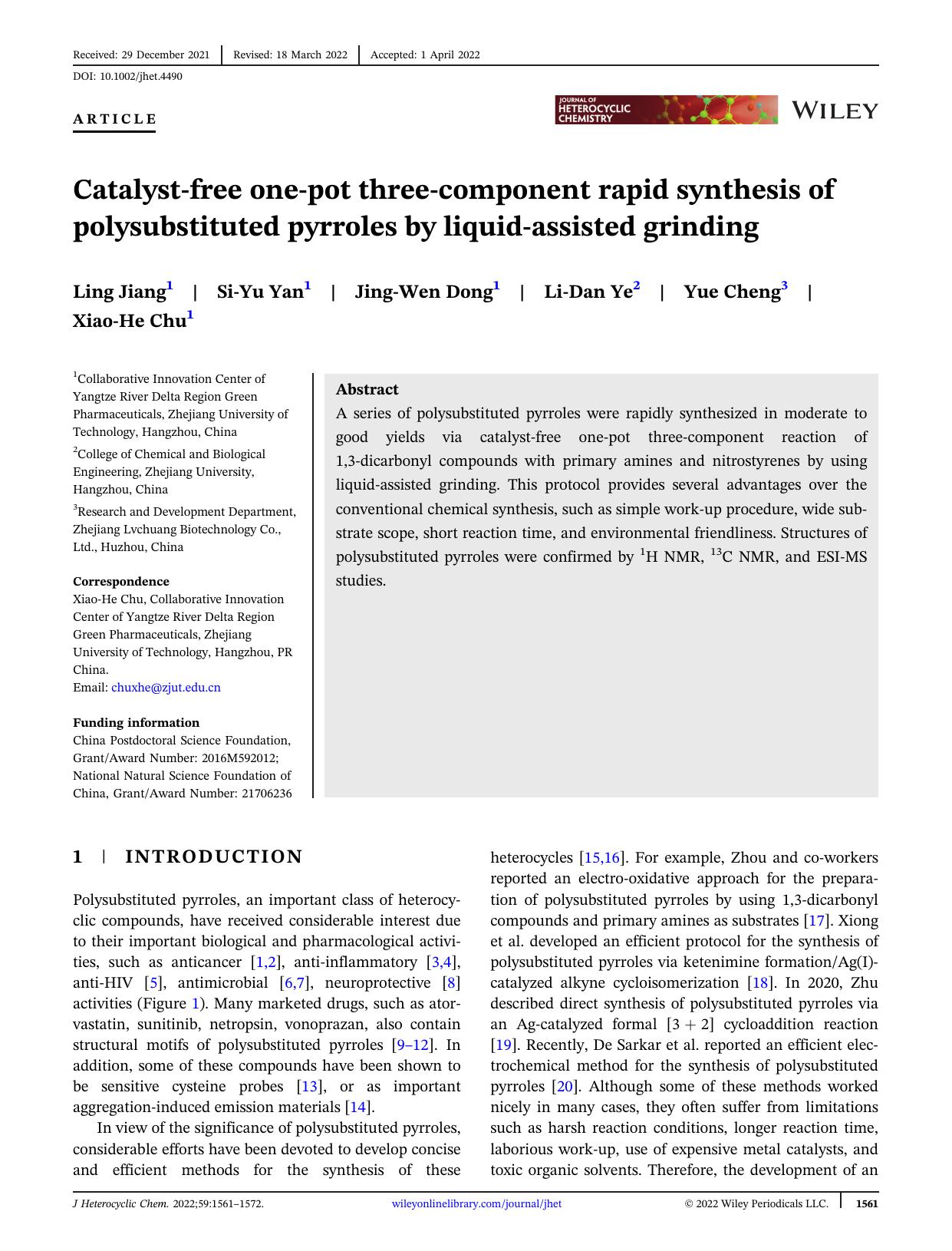 Catalyst-free one-pot three-component rapid synthesis of polysubstituted pyrroles by liquid-assisted grinding by Unknown