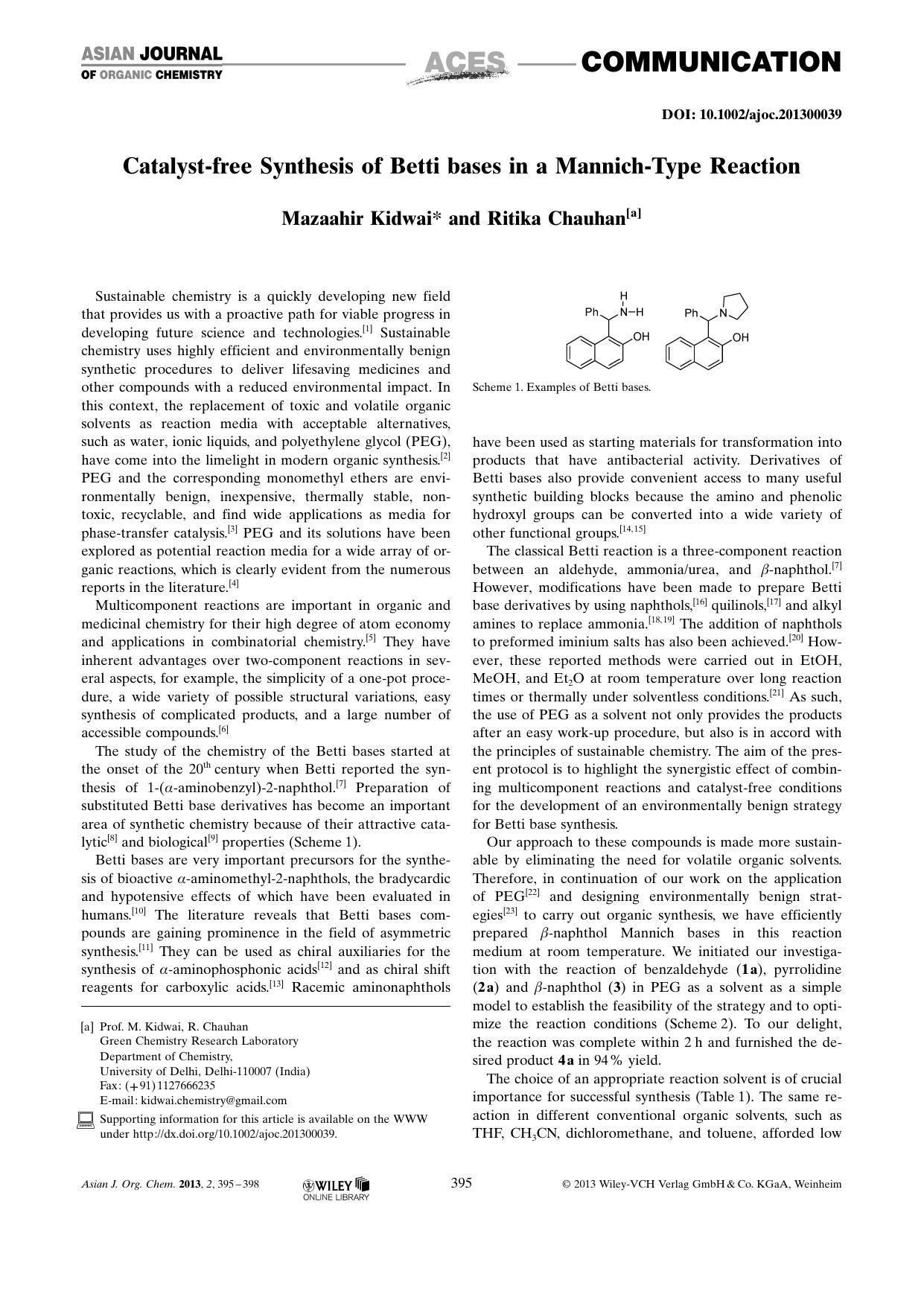 Catalystfree Synthesis of Betti bases in a MannichType Reaction by Unknown