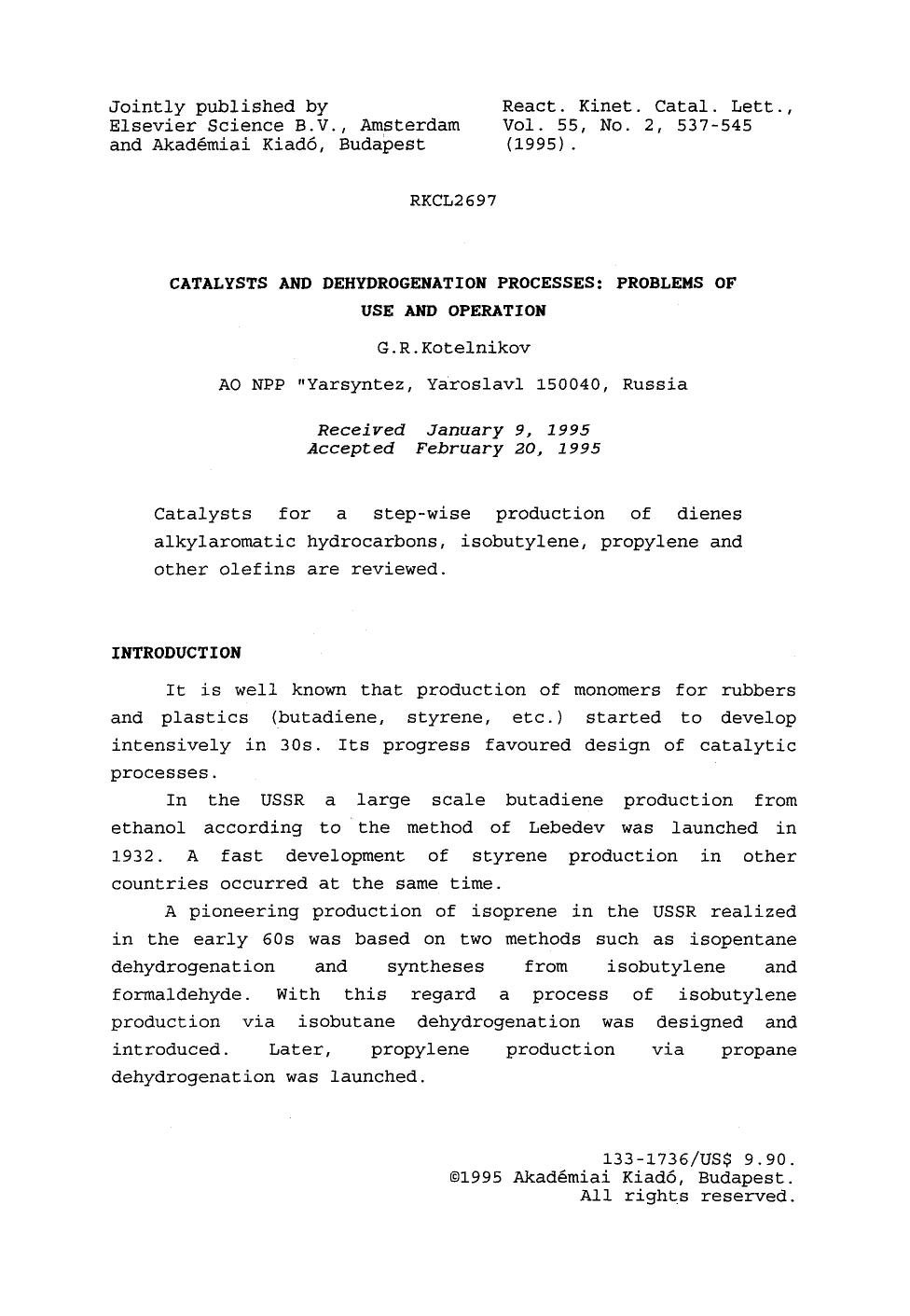Catalysts and dehydrogenation processes: Problems of use and operation by Unknown