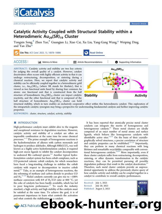 Catalytic Activity Coupled with Structural Stability within a Heterodimeric Au29(SR)19 Cluster by Tongxin Song Zhen Yao Guangjun Li Xiao Cai Xu Liu Yang-Gang Wang Weiping Ding and Yan Zhu