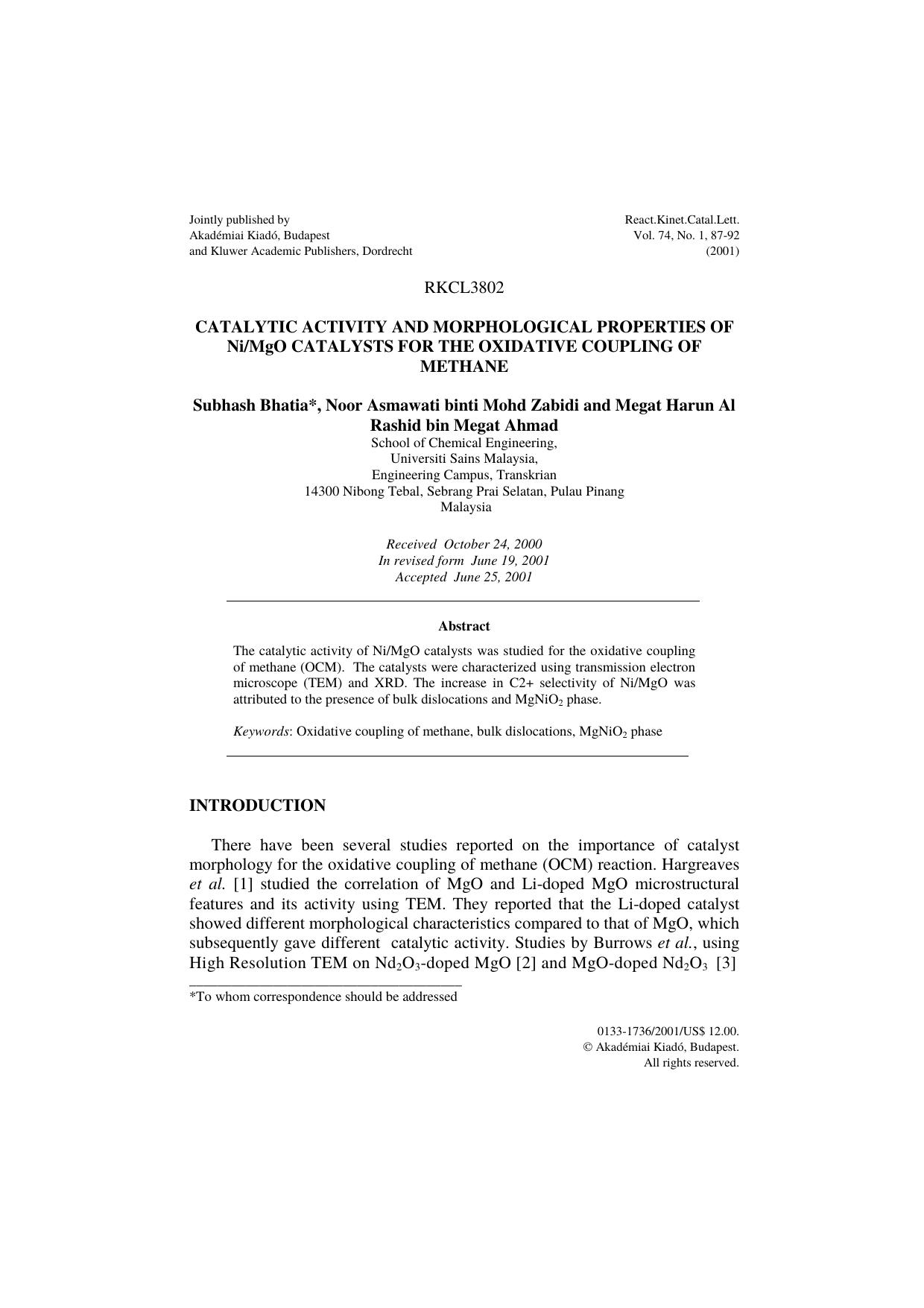 Catalytic Activity and Morphological Properties of NiMgO Catalysts for the Oxidative Coupling of Methane by Unknown
