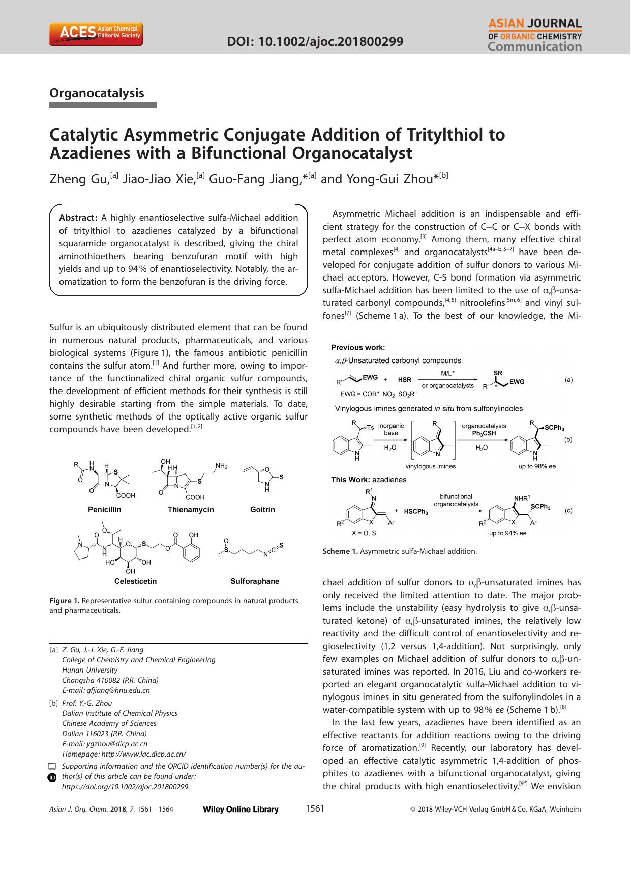 Catalytic Asymmetric Conjugate Addition of Tritylthiol to Azadienes with a Bifunctional Organocatalyst by Unknown