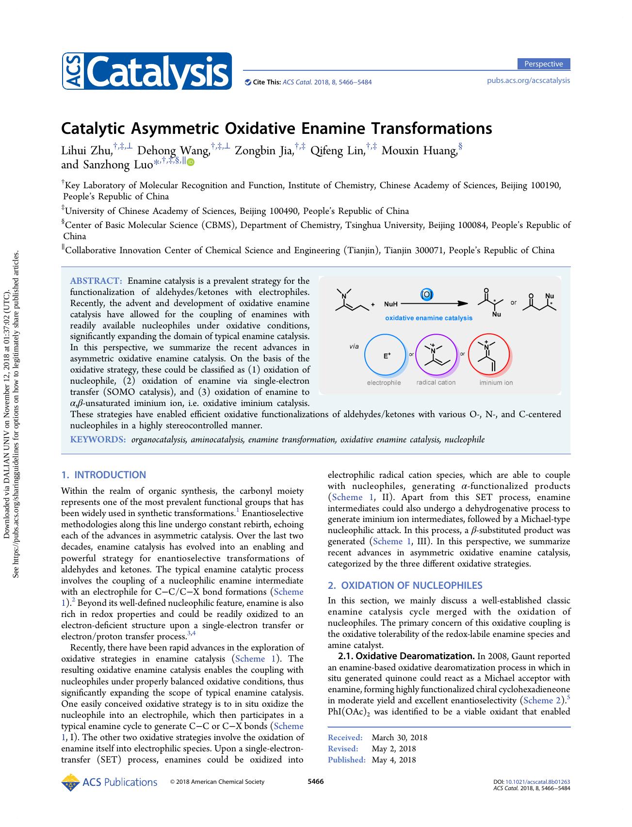 Catalytic Asymmetric Oxidative Enamine Transformations by Lihui Zhu & Dehong Wang & Zongbin Jia & Qifeng Lin & Mouxin Huang & Sanzhong Luo