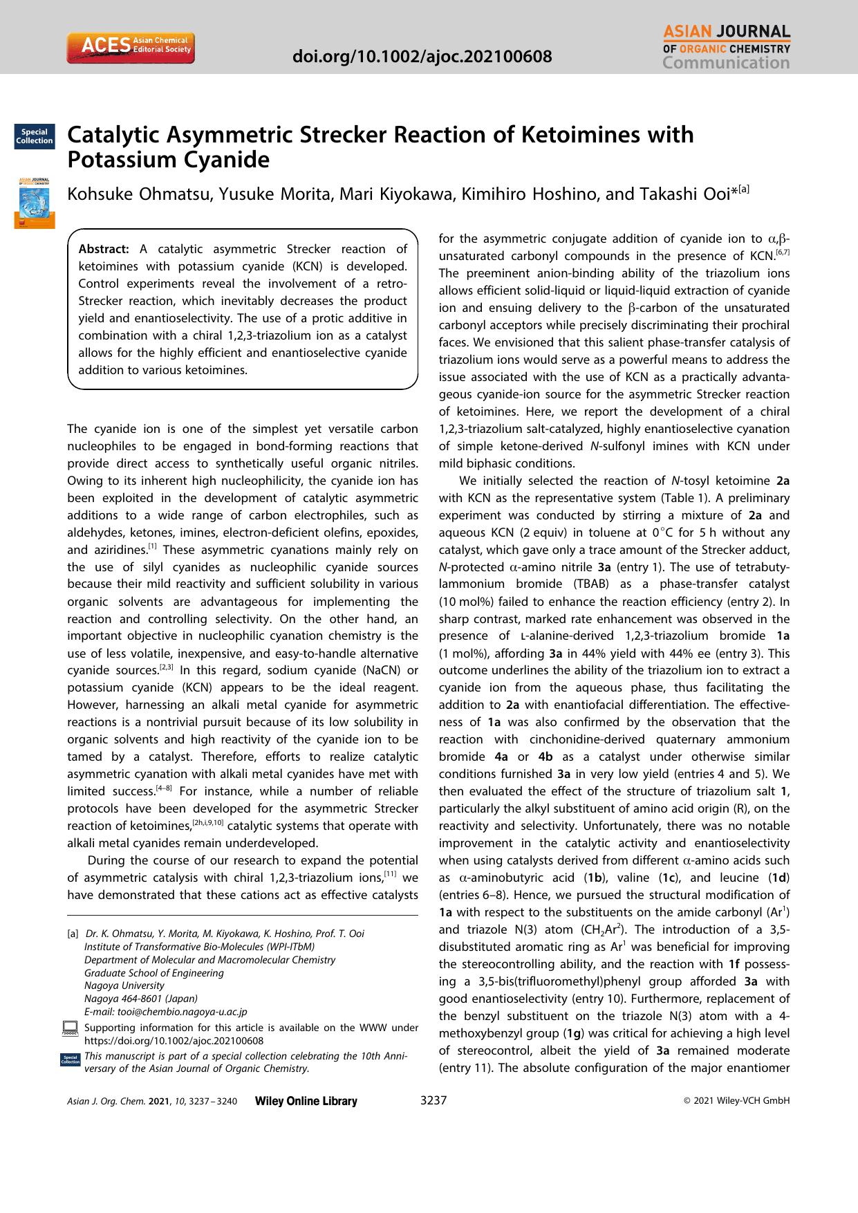 Catalytic Asymmetric Strecker Reaction of Ketoimines with Potassium Cyanide by Unknown