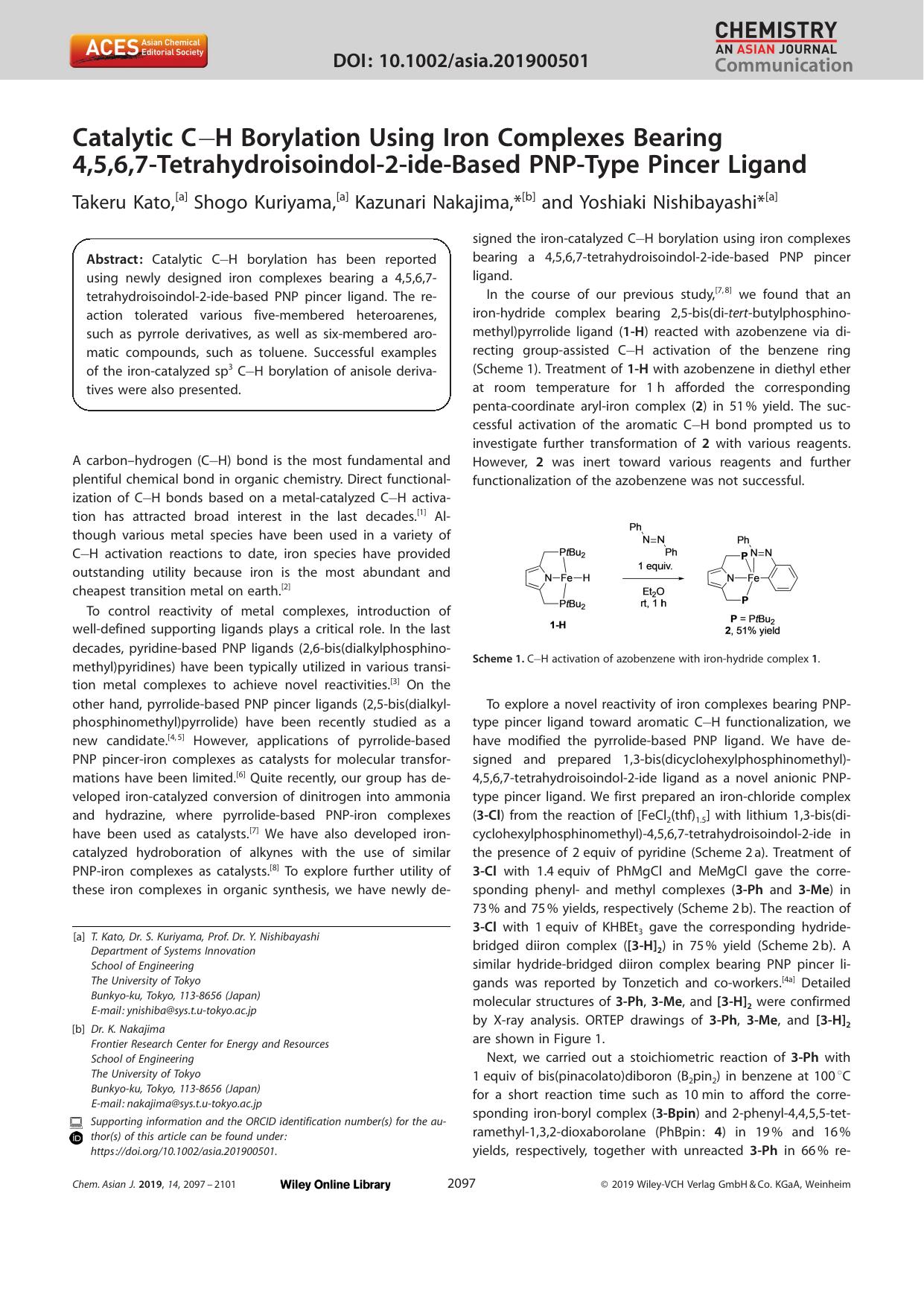 Catalytic CâH Borylation Using Iron Complexes Bearing 4,5,6,7âTetrahydroisoindolâ2âideâBased PNPâType Pincer Ligand by Unknown