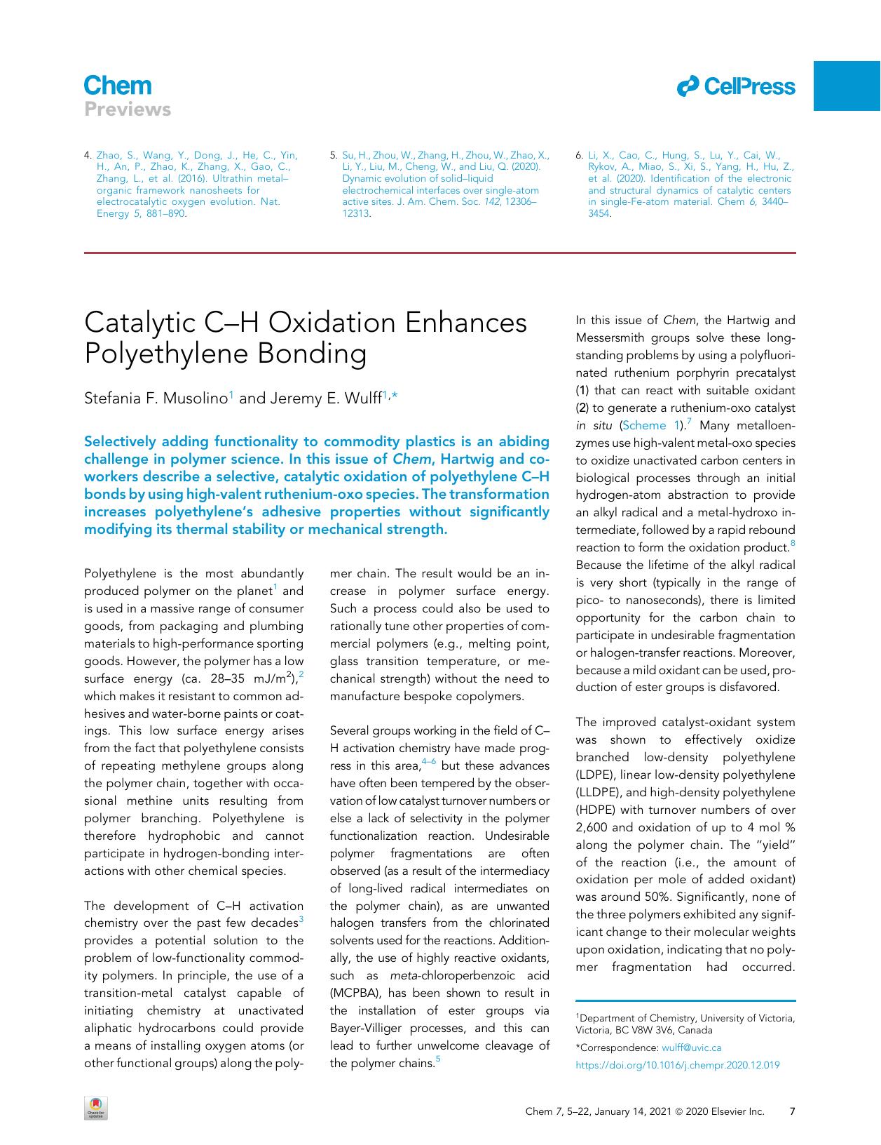 Catalytic C-H Oxidation Enhances Polyethylene Bonding by Stefania F. Musolino & Jeremy E. Wulff