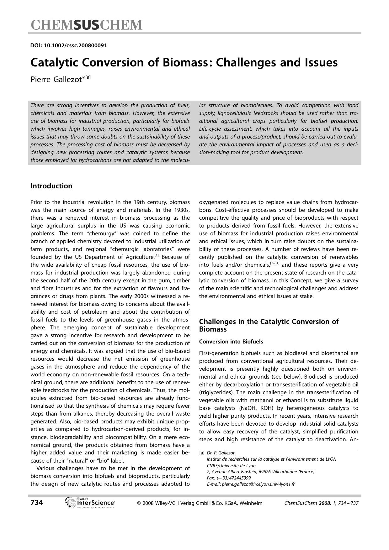 Catalytic Conversion of Biomass: Challenges and Issues by Unknown