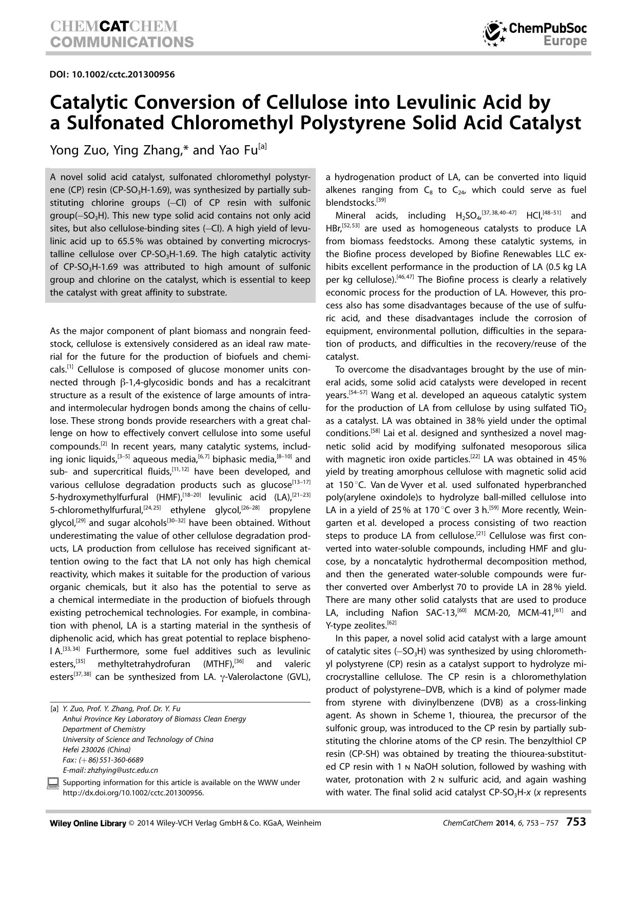 Catalytic Conversion of Cellulose into Levulinic Acid by a Sulfonated Chloromethyl Polystyrene Solid Acid Catalyst by Unknown