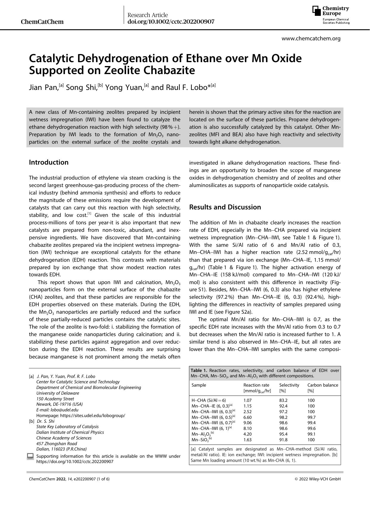 Catalytic Dehydrogenation of Ethane over Mn Oxide Supported on Zeolite Chabazite by Unknown
