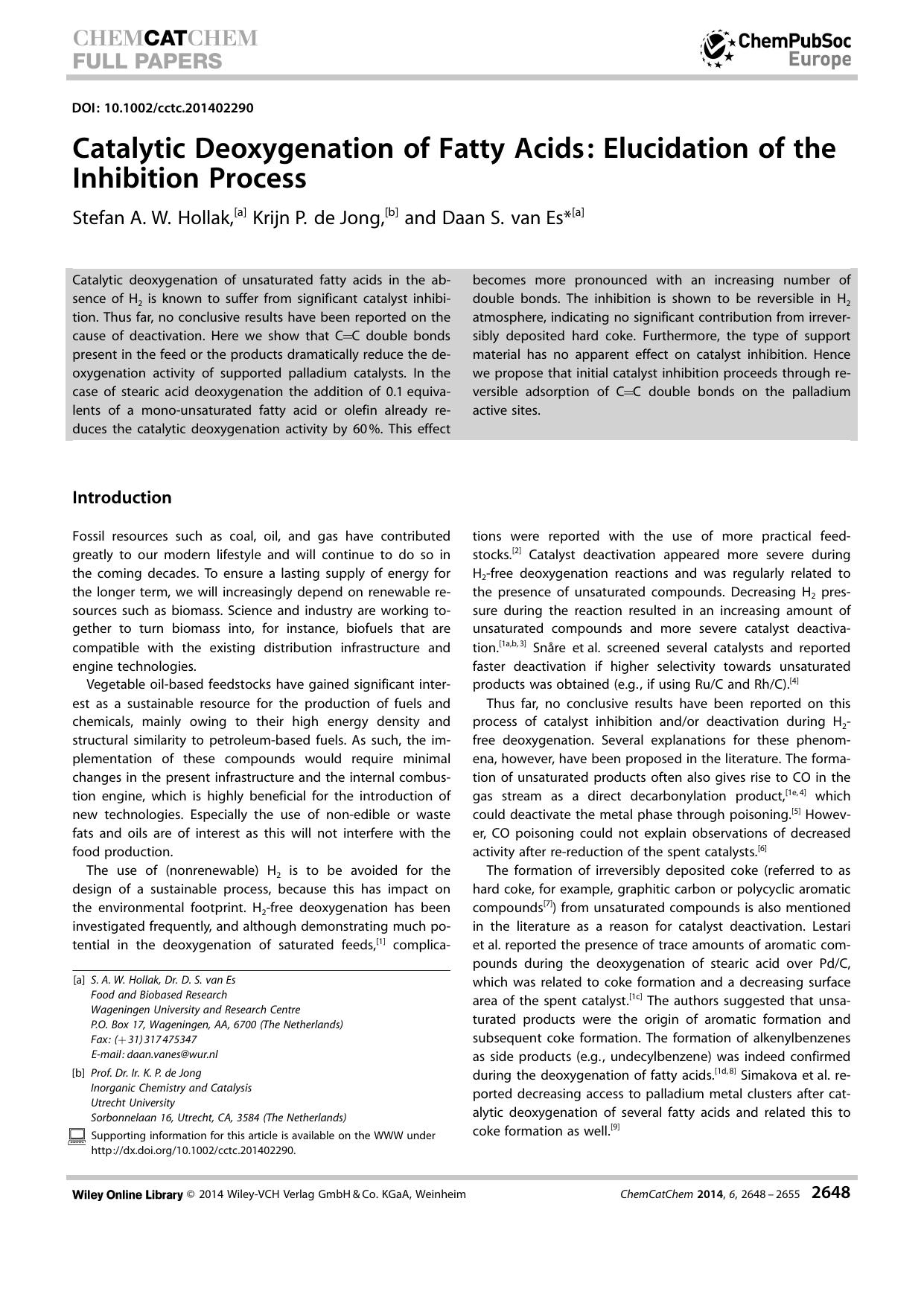 Catalytic Deoxygenation of Fatty Acids: Elucidation of the Inhibition Process by Unknown