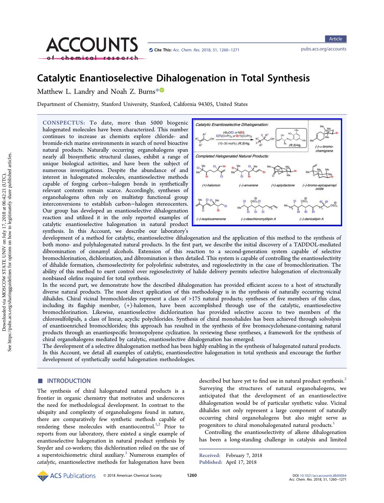 Catalytic Enantioselective Dihalogenation in Total Synthesis by Matthew L. Landry & Noah Z. Burns