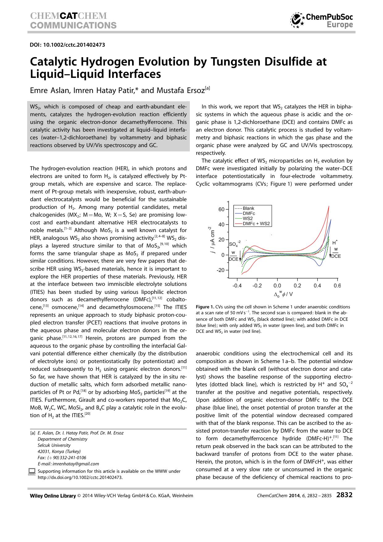 Catalytic Hydrogen Evolution by Tungsten Disulfide at LiquidLiquid Interfaces by Unknown