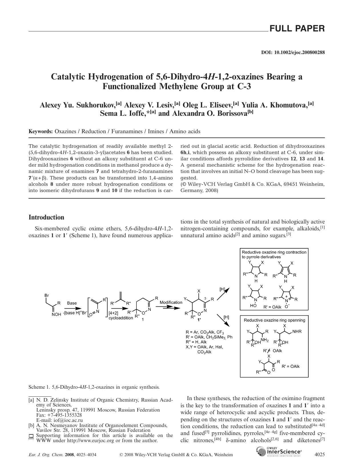 Catalytic Hydrogenation of 5,6-Dihydro-4H-1,2-oxazines Bearing a Functionalized Methylene Group at C-3 by Unknown