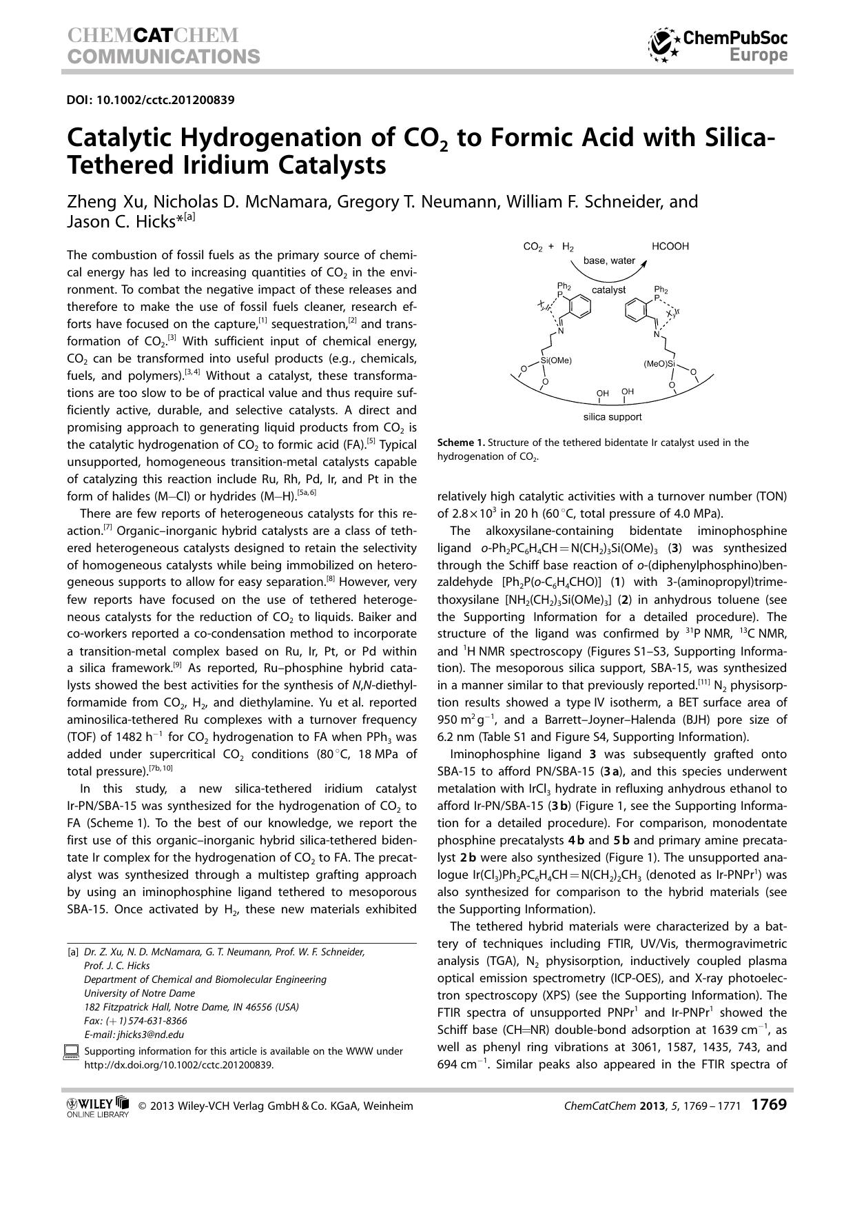 Catalytic Hydrogenation of CO2 to Formic Acid with SilicaTethered Iridium Catalysts by Unknown