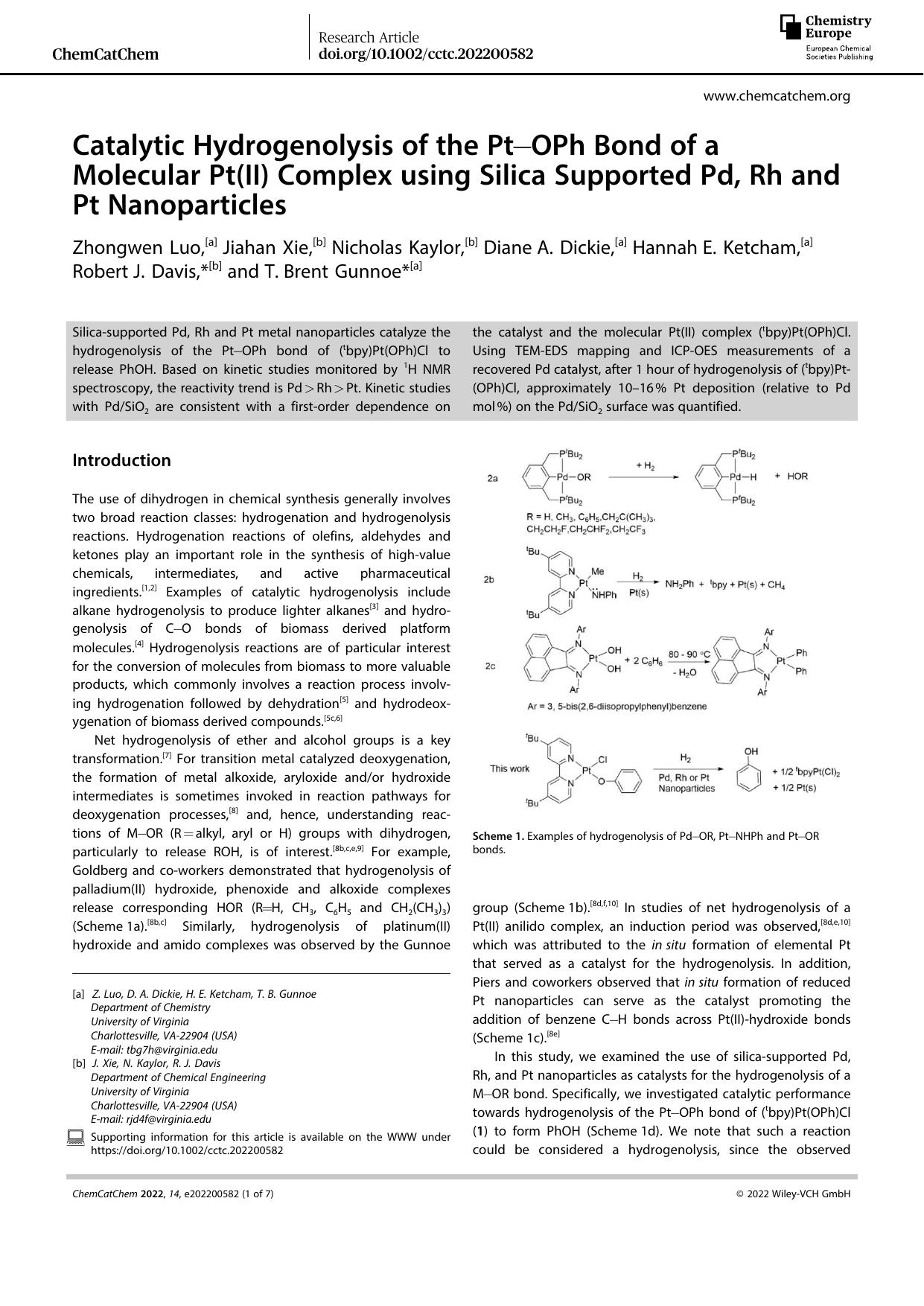Catalytic Hydrogenolysis of the PtâOPh Bond of a Molecular Pt(II) Complex using Silica Supported Pd, Rh and Pt Nanoparticles by Unknown