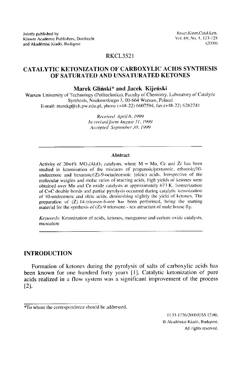 Catalytic Ketonization of Carboxylic Acids Synthesis of Saturated and Unsaturated Ketones by Unknown