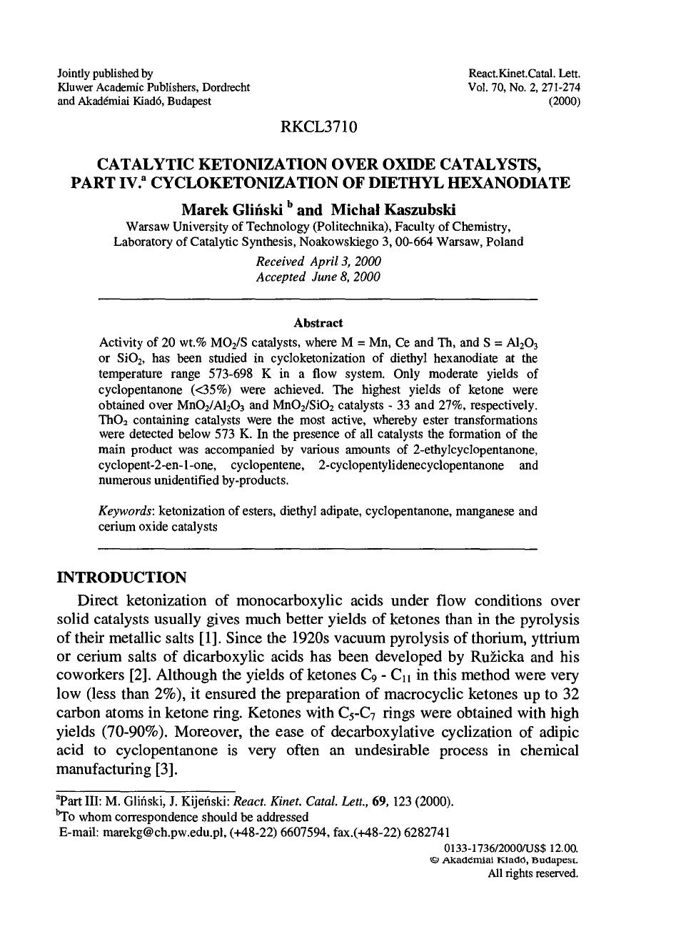 Catalytic Ketonization over Oxide Catalysts, Part IV. Cycloketonization of Diethyl Hexanodiate by Unknown