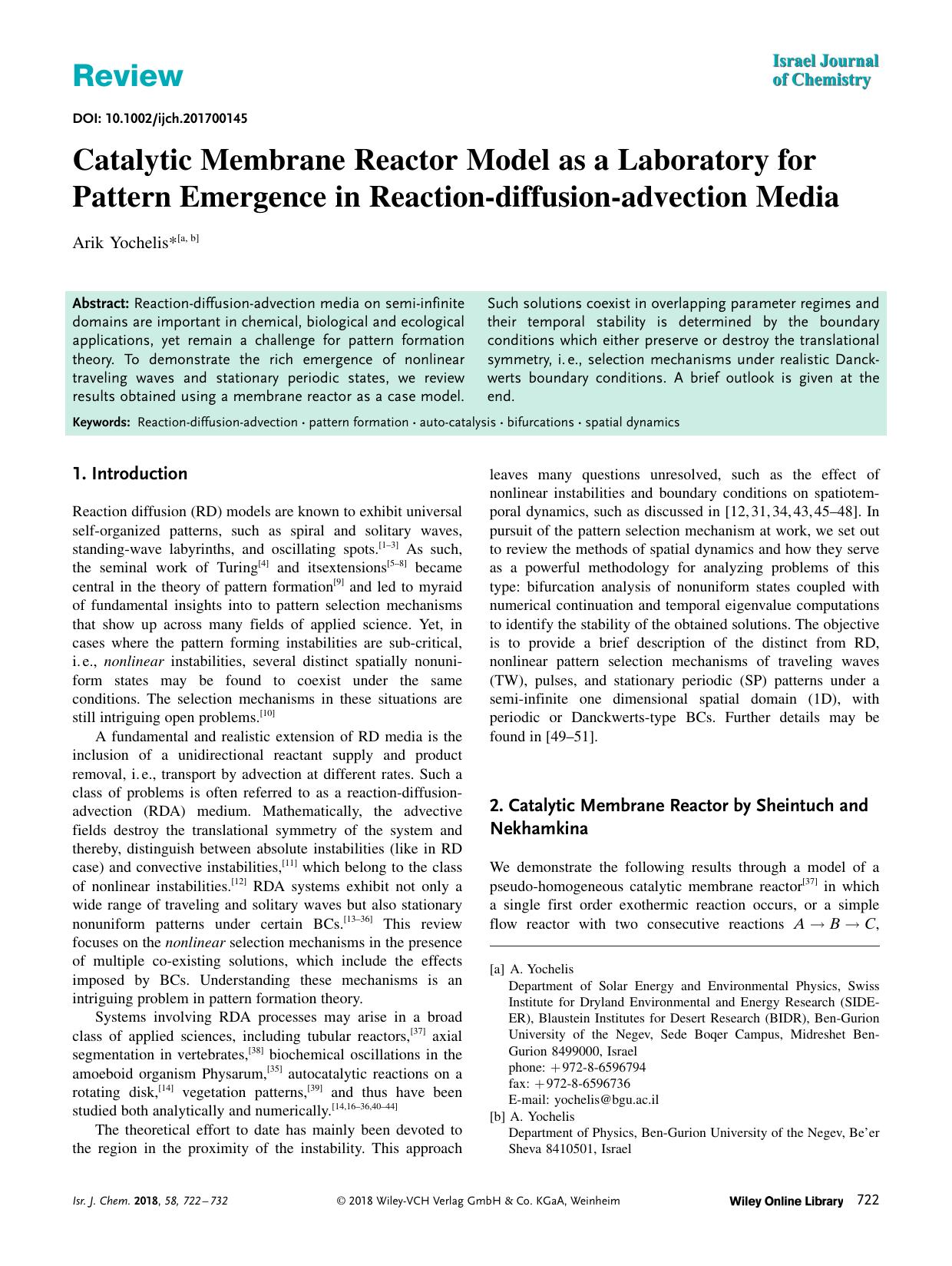 Catalytic Membrane Reactor Model as a Laboratory for Pattern Emergence in Reactionâdiffusionâadvection Media by Unknown