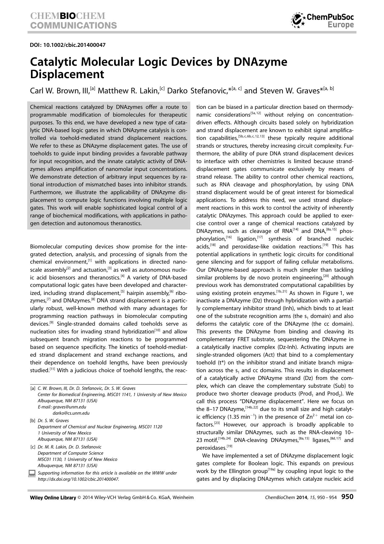 Catalytic Molecular Logic Devices by DNAzyme Displacement by Unknown