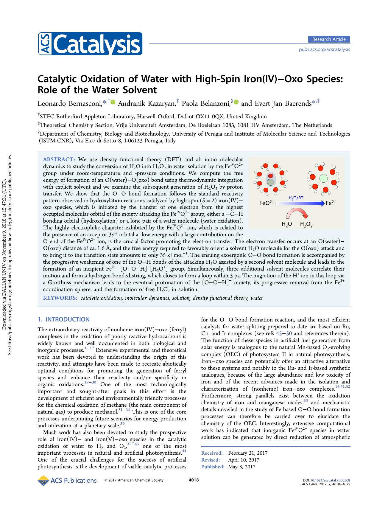 Catalytic Oxidation of Water with High-Spin Iron(IV)âOxo Species: Role of the Water Solvent by Leonardo Bernasconi Andranik Kazaryan Paola Belanzoni & Evert Jan Baerends