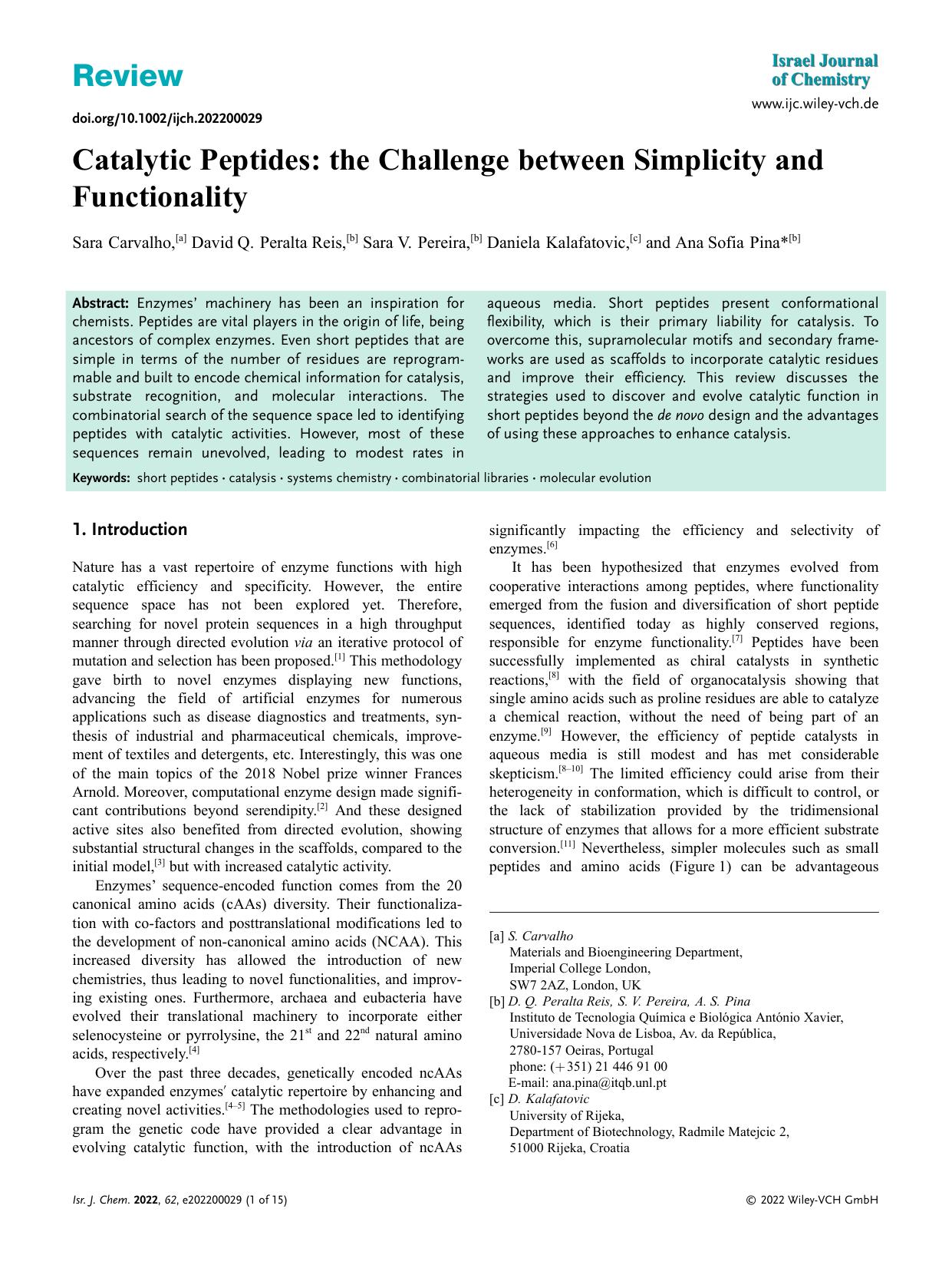 Catalytic Peptides: the Challenge between Simplicity and Functionality by Unknown