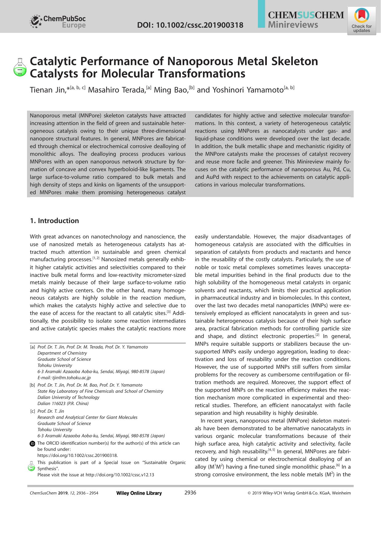 Catalytic Performance of Nanoporous Metal Skeleton Catalysts for Molecular Transformations by Unknown