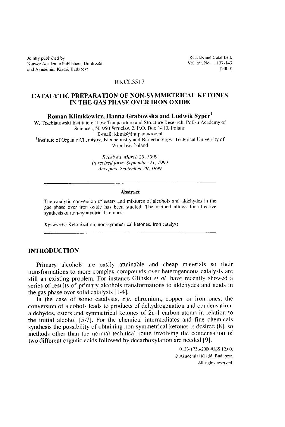 Catalytic Preparation of Non-Symmetrical Ketones in the Gas Phase Over Iron Oxide by Unknown