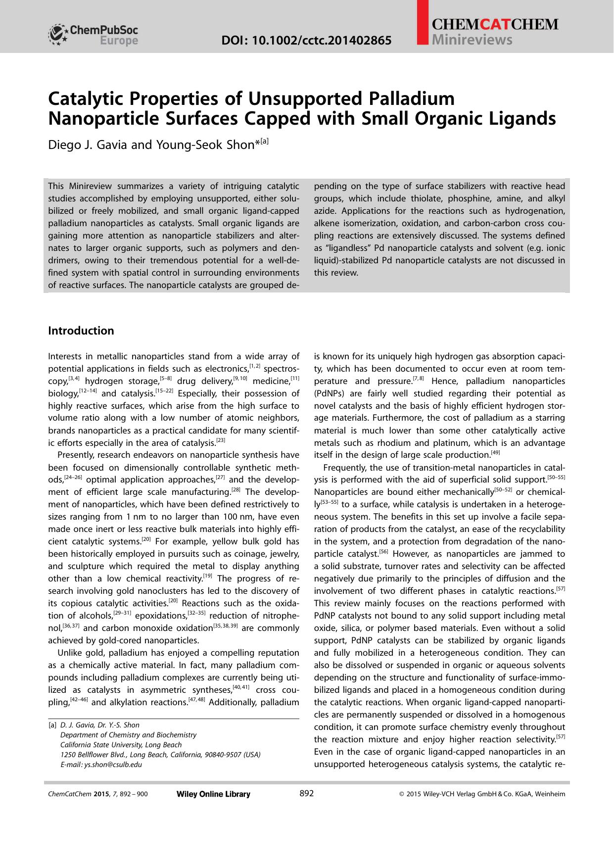 Catalytic Properties of Unsupported Palladium Nanoparticle Surfaces Capped with Small Organic Ligands by Unknown
