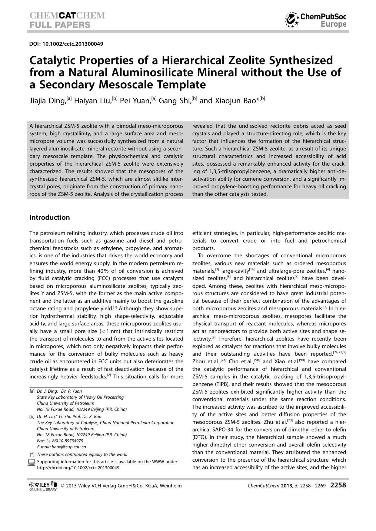 Catalytic Properties of a Hierarchical Zeolite Synthesized from a Natural Aluminosilicate Mineral without the Use of a Secondary Mesoscale Template by Unknown