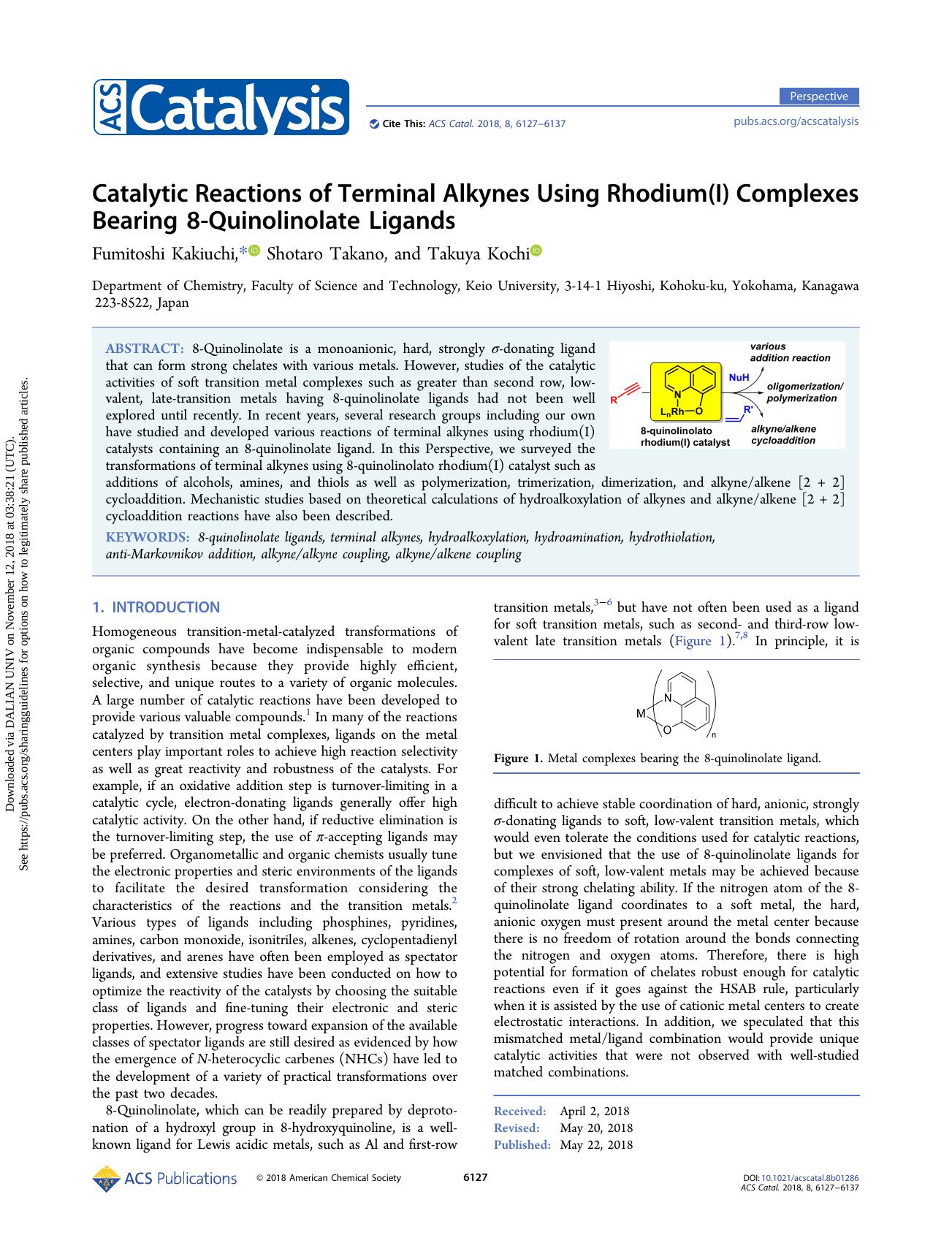 Catalytic Reactions of Terminal Alkynes Using Rhodium(I) Complexes Bearing 8-Quinolinolate Ligands by Fumitoshi Kakiuchi & Shotaro Takano & Takuya Kochi