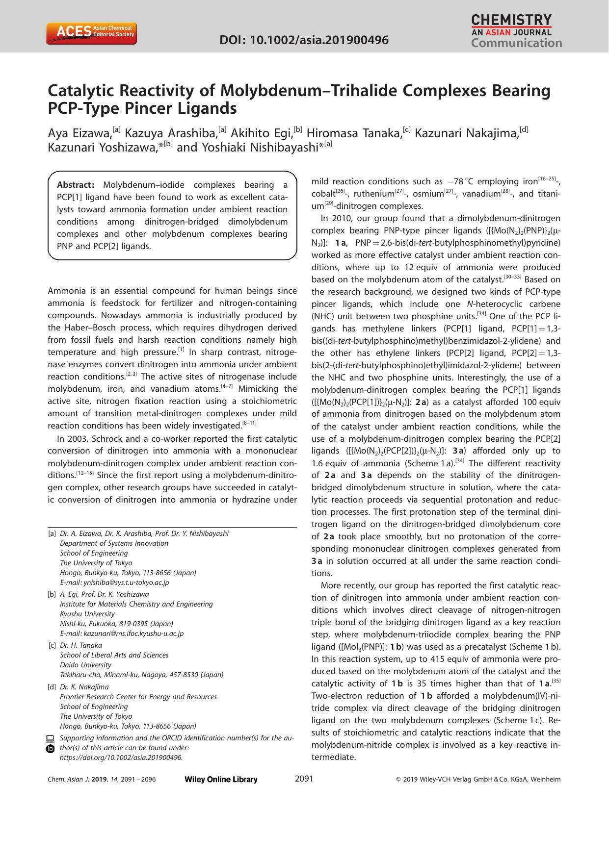Catalytic Reactivity of MolybdenumâTrihalide Complexes Bearing PCPâType Pincer Ligands by Unknown