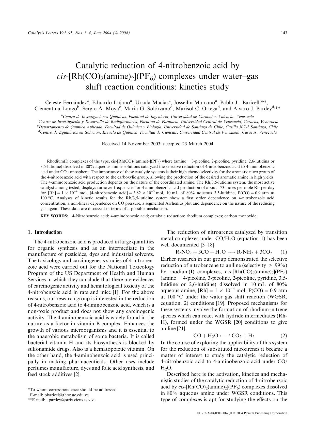 Catalytic Reduction of 4-Nitrobenzoic Acid by <Emphasis Type="Italic">cis<Emphasis>-[Rh(CO)<Subscript>2<Subscript>(Amine)<Subscript>2<Subscript>](PF<Subscript>6<Subscript>) Complex by Unknown