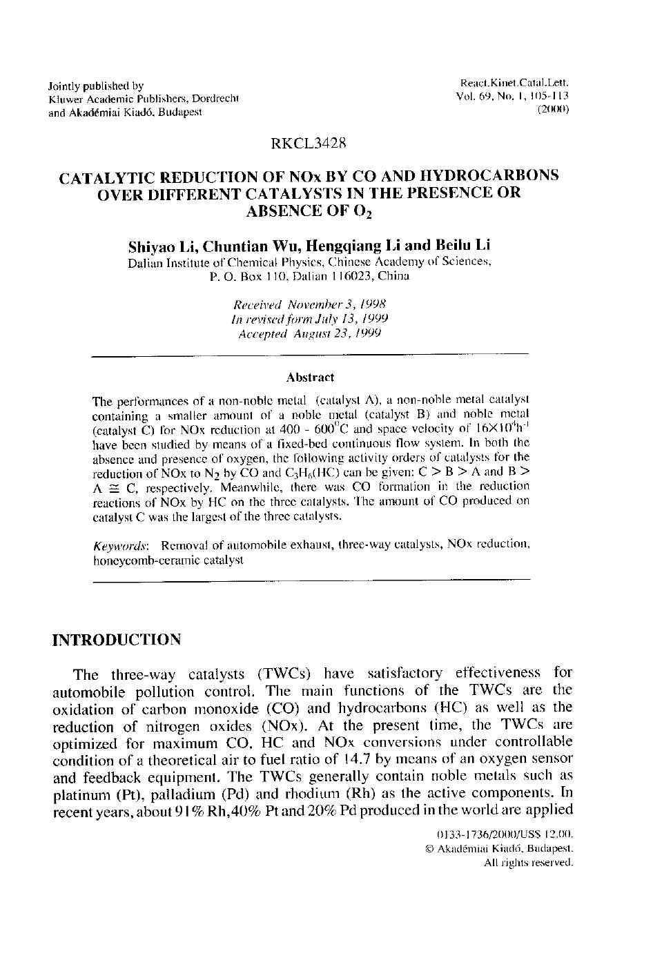 Catalytic Reduction of NOx by CO and Hydrocarbons Over Different Catalysts in the Presence or Absence of O2 by Unknown