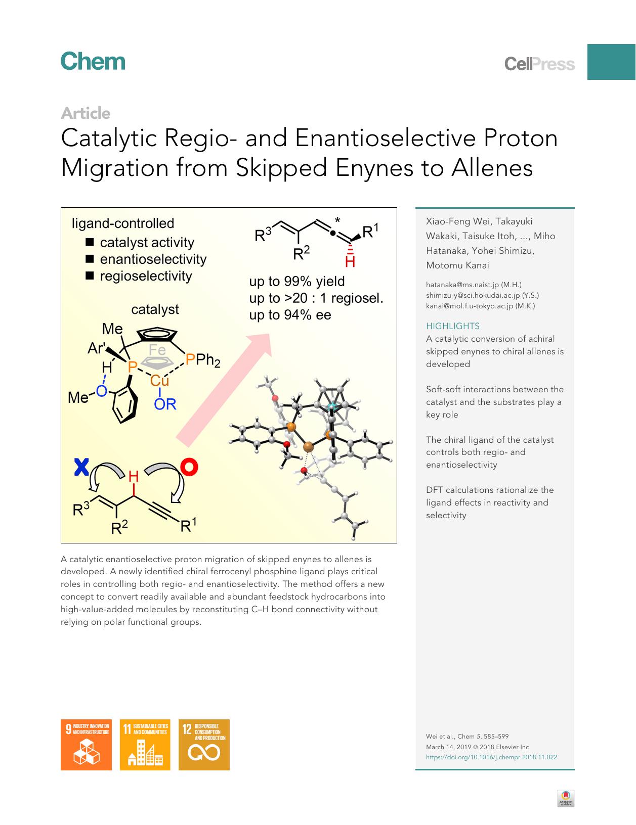 Catalytic Regio- and Enantioselective Proton Migration from Skipped Enynes to Allenes by unknow