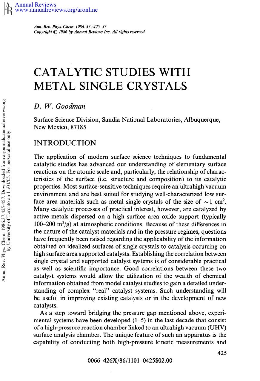 Catalytic Studies with Metal Single Crystals by D W Goodman