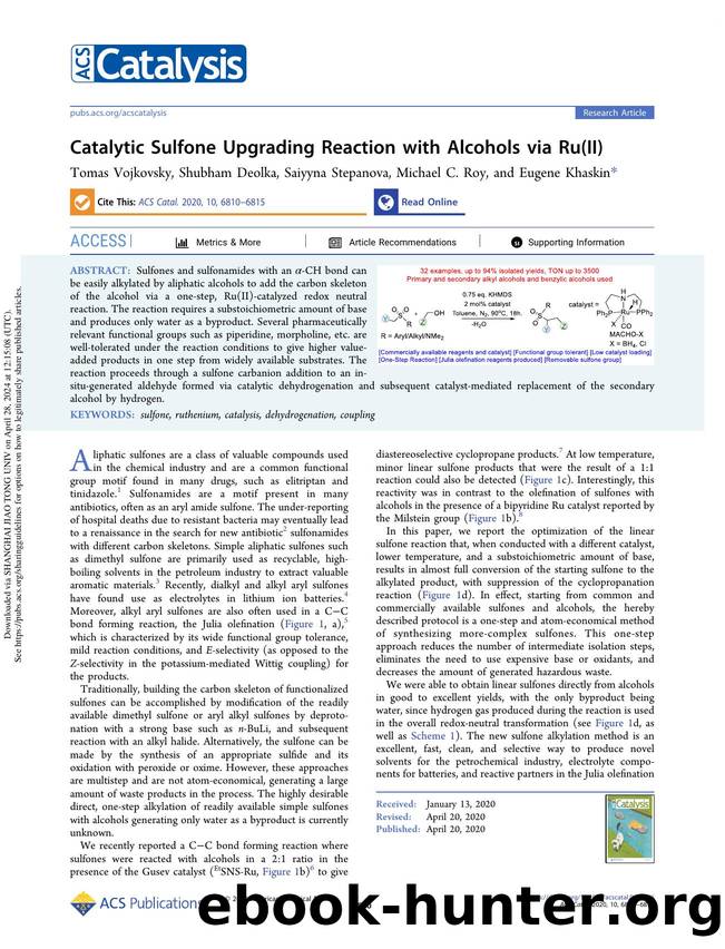 Catalytic Sulfone Upgrading Reaction with Alcohols via Ru(II) by Tomas Vojkovsky Shubham Deolka Saiyyna Stepanova Michael C. Roy & Eugene Khaskin