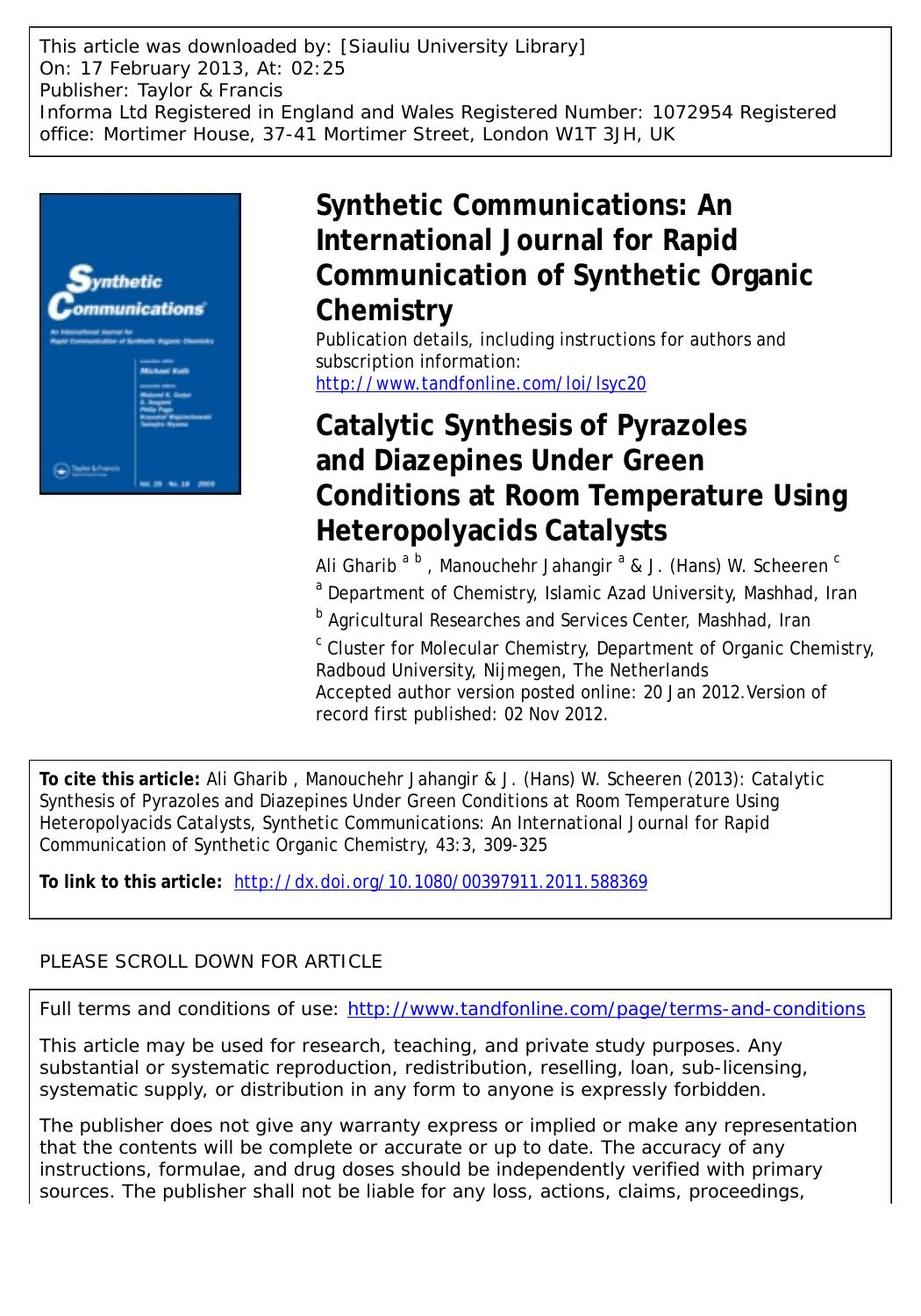 Catalytic Synthesis of Pyrazoles and Diazepines Under Green Conditions at Room Temperature Using Heteropolyacids Catalysts by Ali Gharib Manouchehr Jahangir & J. (Hans) W. Scheeren
