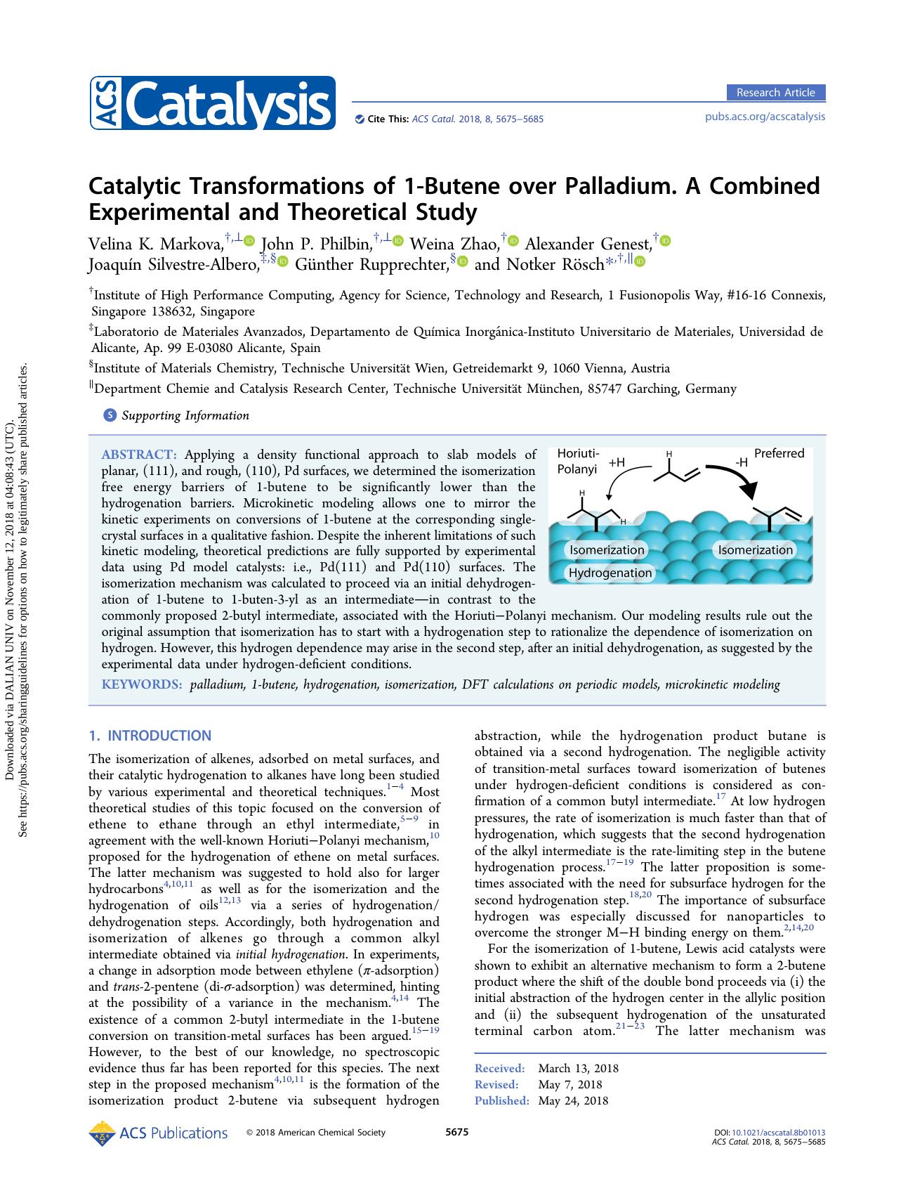Catalytic Transformations of 1-Butene over Palladium. A Combined Experimental and Theoretical Study by unknow