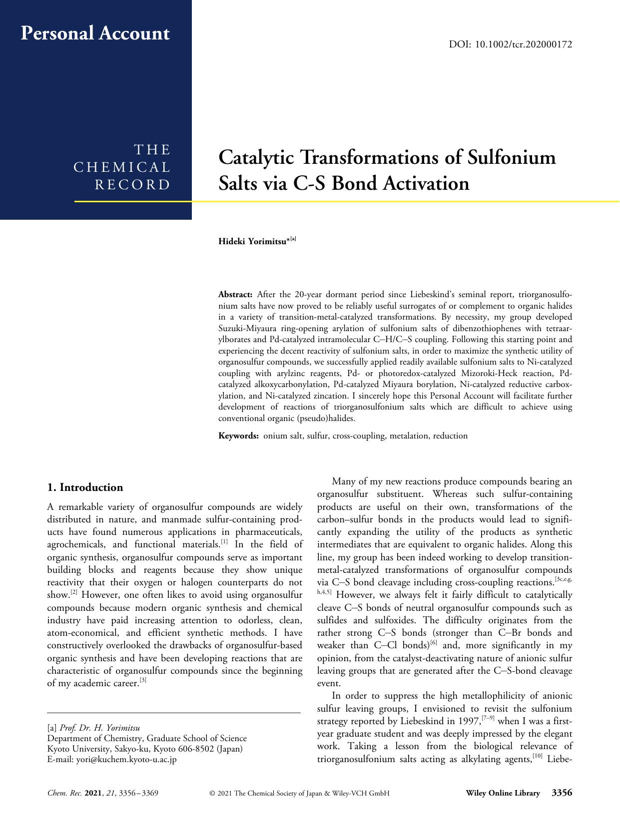 Catalytic Transformations of Sulfonium Salts via CâS Bond Activation by Unknown