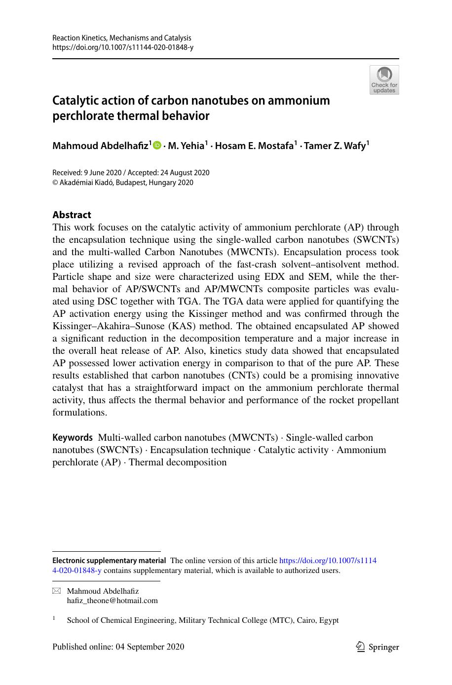 Catalytic action of carbon nanotubes on ammonium perchlorate thermal behavior by Mahmoud Abdelhafiz & M. Yehia & Hosam E. Mostafa & Tamer Z. Wafy