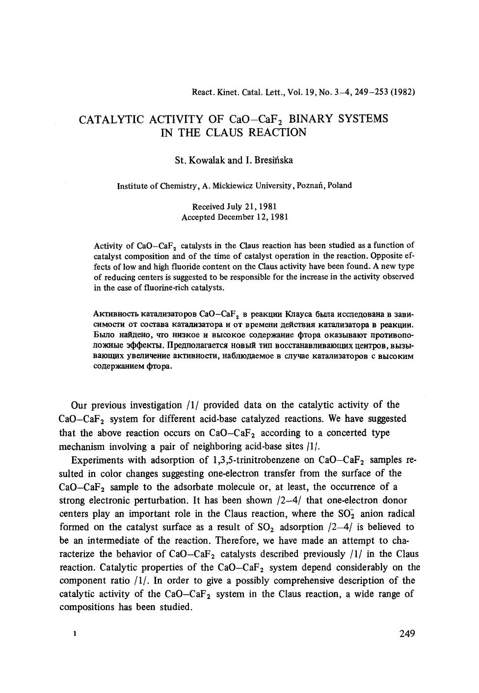Catalytic activity of CaO&#x2212;CaF <Subscript>2 <Subscript> binary systems in the Claus reaction by Unknown