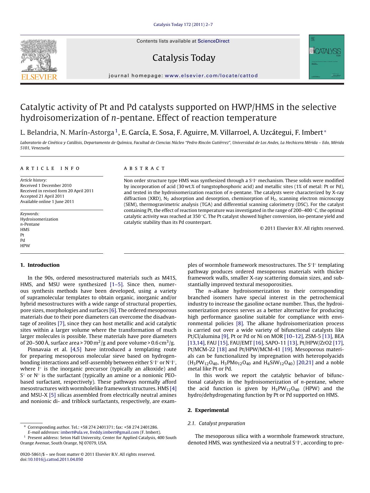 Catalytic activity of Pt and Pd catalysts supported on HWPHMS in the selective hydroisomerization of n-pentane. Effect of reaction temperature by L. Belandria