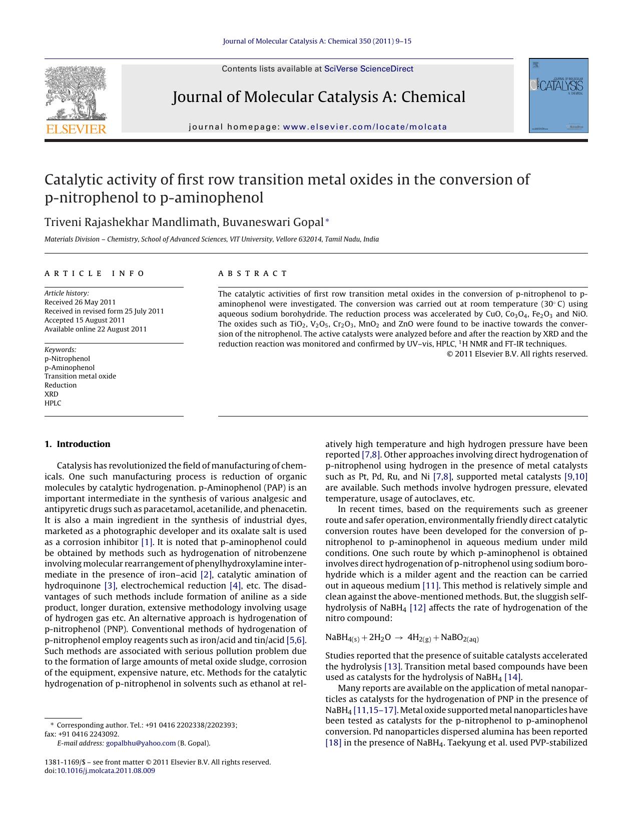 Catalytic activity of first row transition metal oxides in the conversion of p-nitrophenol to p-aminophenol by Triveni Rajashekhar Mandlimath