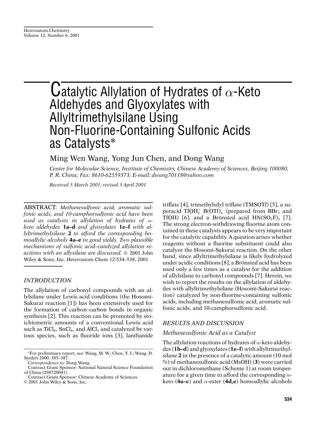 Catalytic allylation of hydrates of [alpha]-keto aldehydes and glyoxylates with allyltrimethylsilane using non-fluorine-containing sulfonic acids as catalysts by Unknown