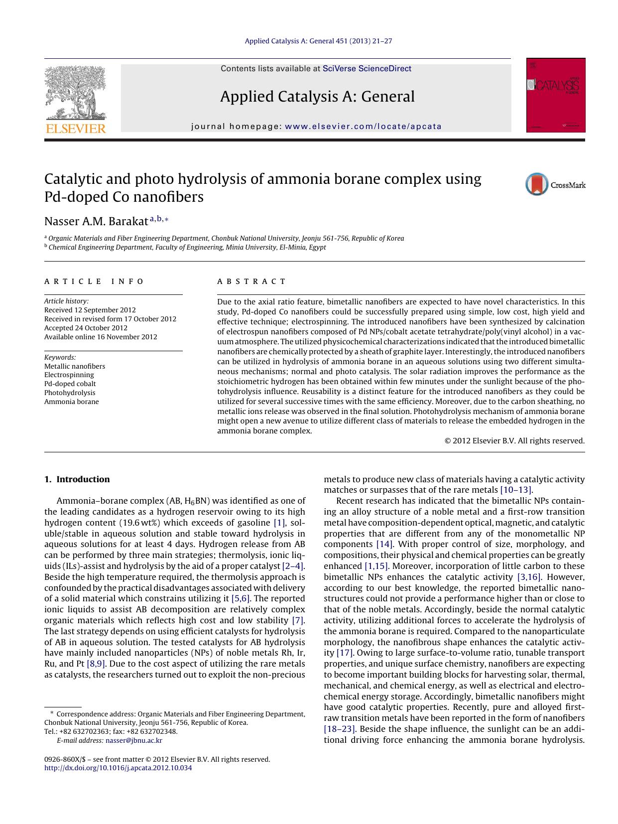 Catalytic and photo hydrolysis of ammonia borane complex using Pd-doped Co nanofibers by Nasser A.M. Barakat
