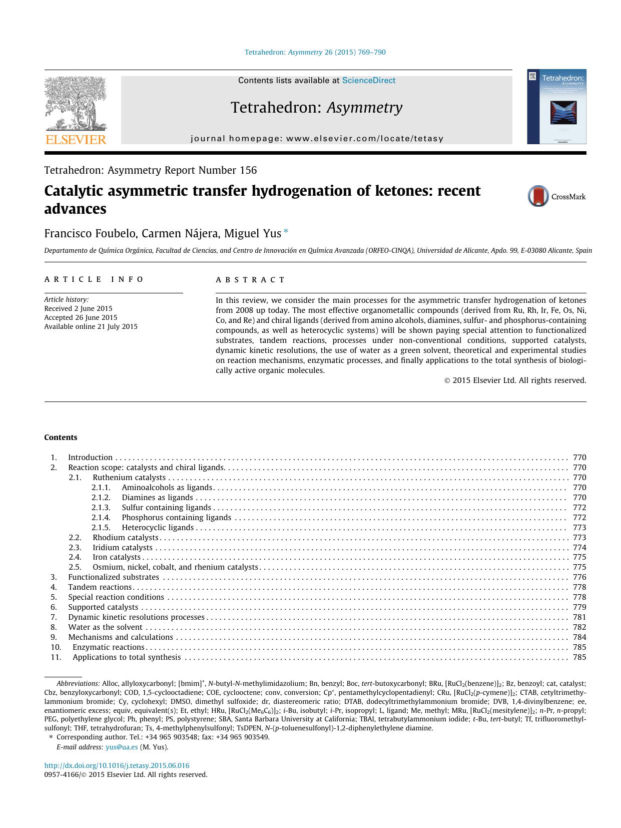 Catalytic asymmetric transfer hydrogenation of ketones: recent advances by Francisco Foubelo & Carmen Nájera & Miguel Yus